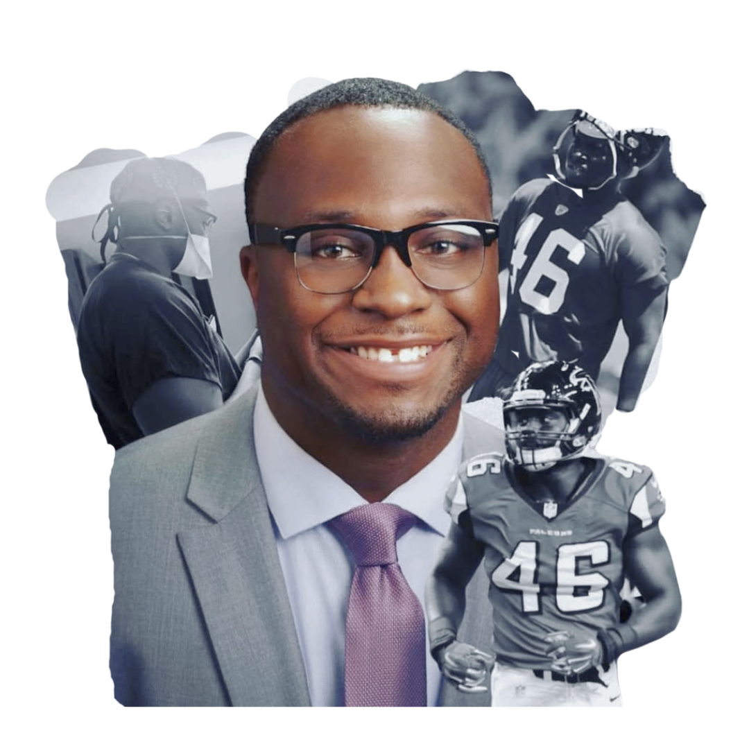Portrait of Boris Anyama, MD layered with football imagery.