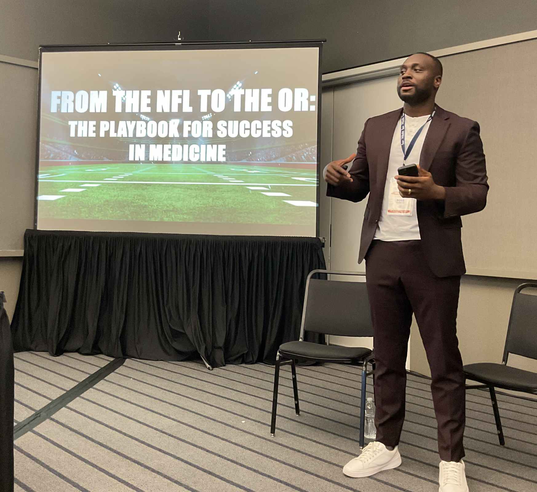 Boris Anyama speaking about the transition from the NFL to medicine.